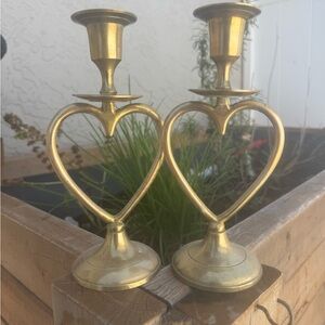 Gold Heart-Shaped Brass Candle Holders - Pair